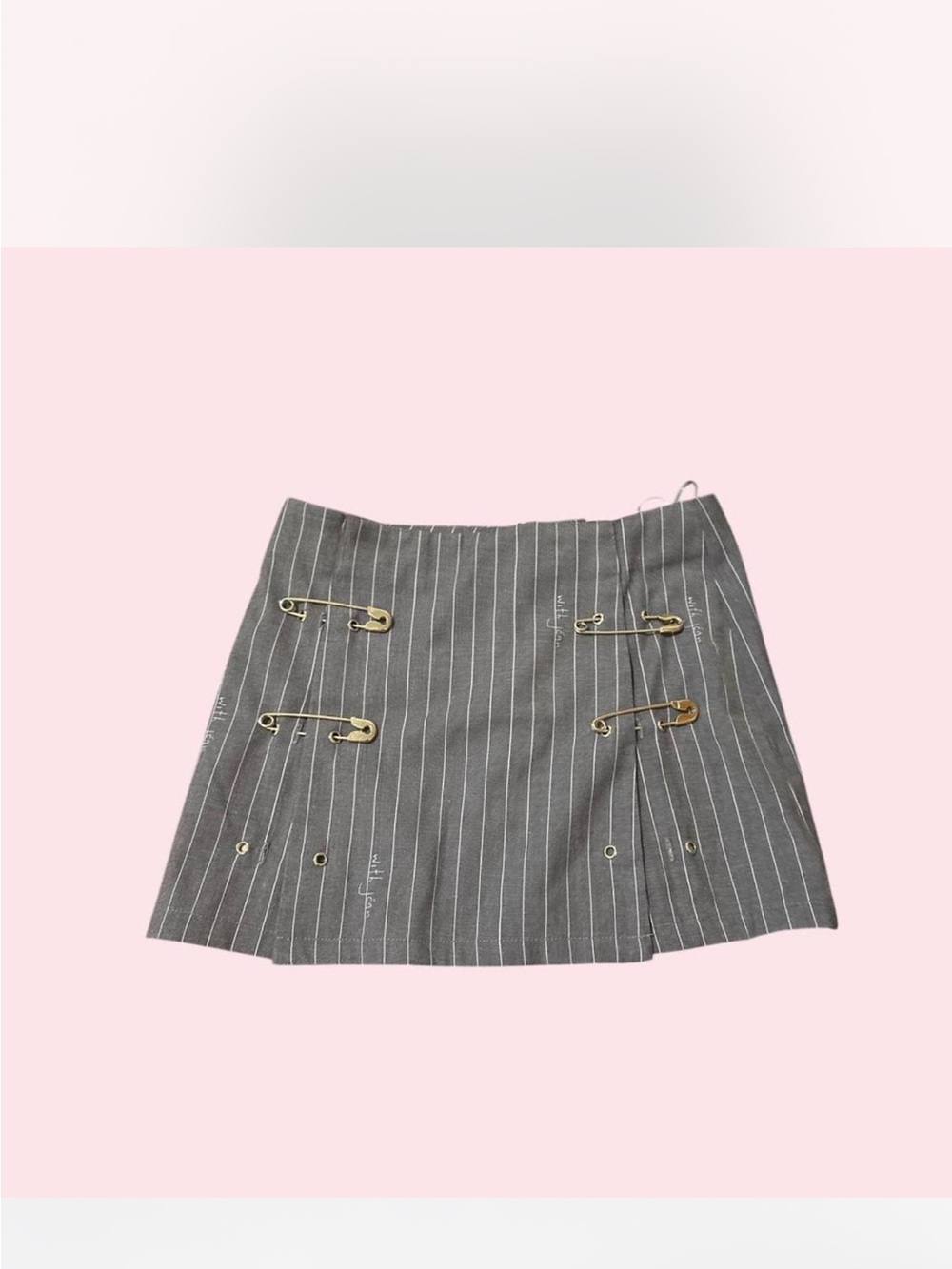 With Jean Gray Pinstripe Mini Skirt with Safety Pin Accents